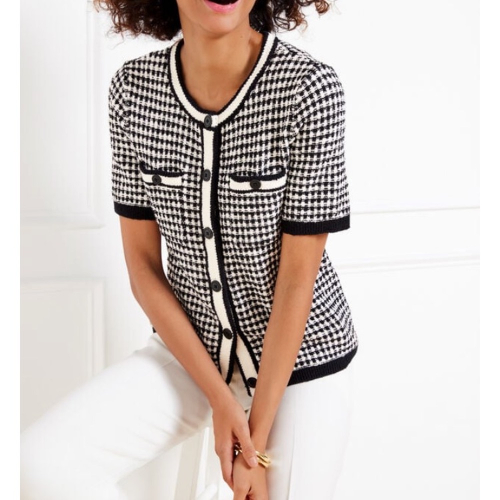 TALBOTS:  Short Sleeve Cardigan - Check Jacquard